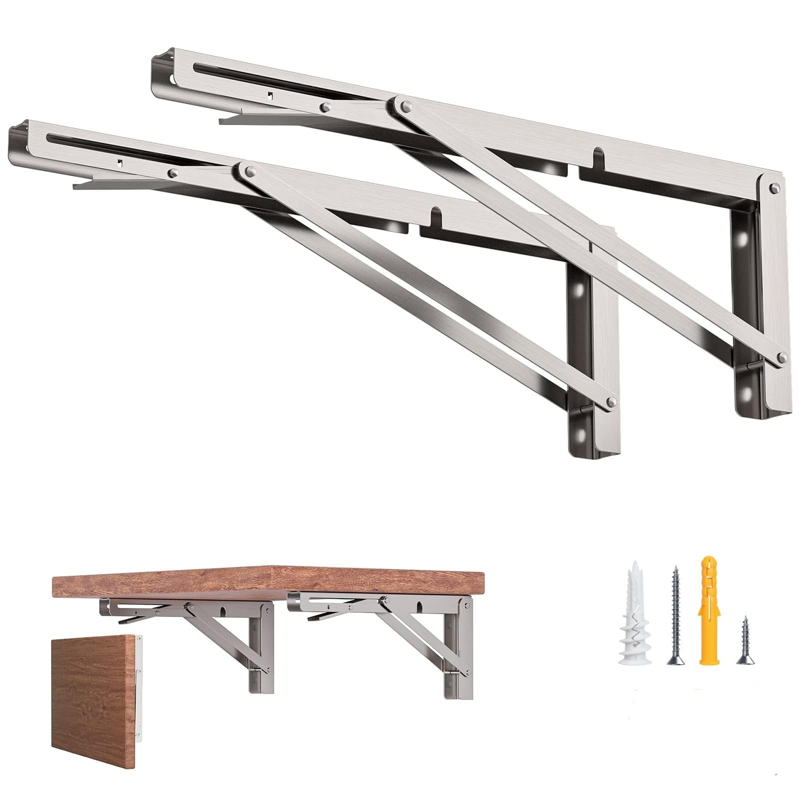 Foldable 8-Inch Shelf Brackets, Heavy Duty Stainless Steel, 300lbs Load, 2 Pack