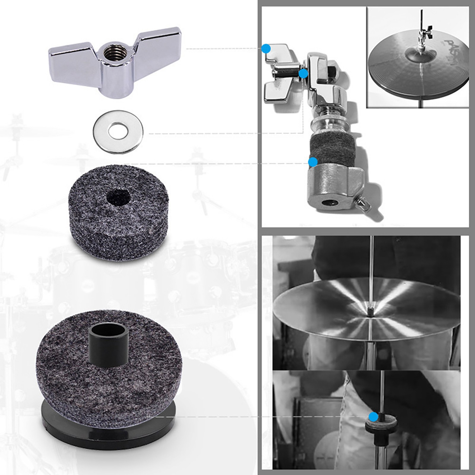 New 18Pcs Cymbal Part Replacement Stand Hi Hat Felt Wing Nut for Drum Set