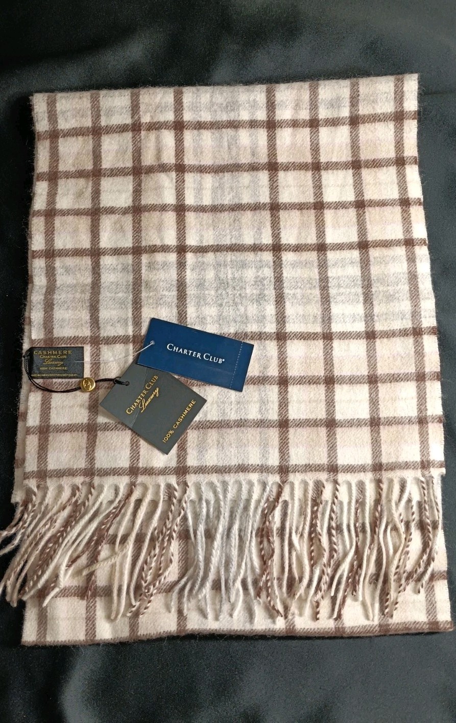 Charter Club Luxury Ivory Neutral Pleated Beige 100% Cashmere Scarf 60" x 12"