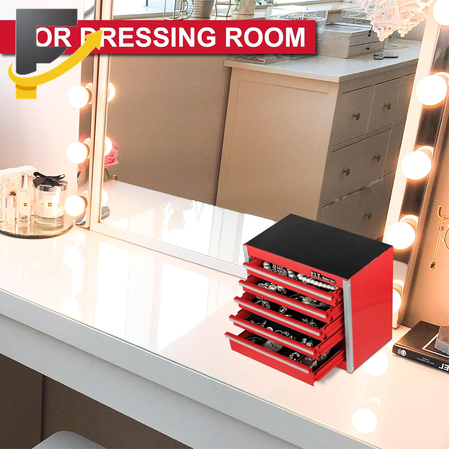 Mini Red Tool Box Portable 5-Drawer Micro Roll Cab Steel Tool Box with Liner Red
