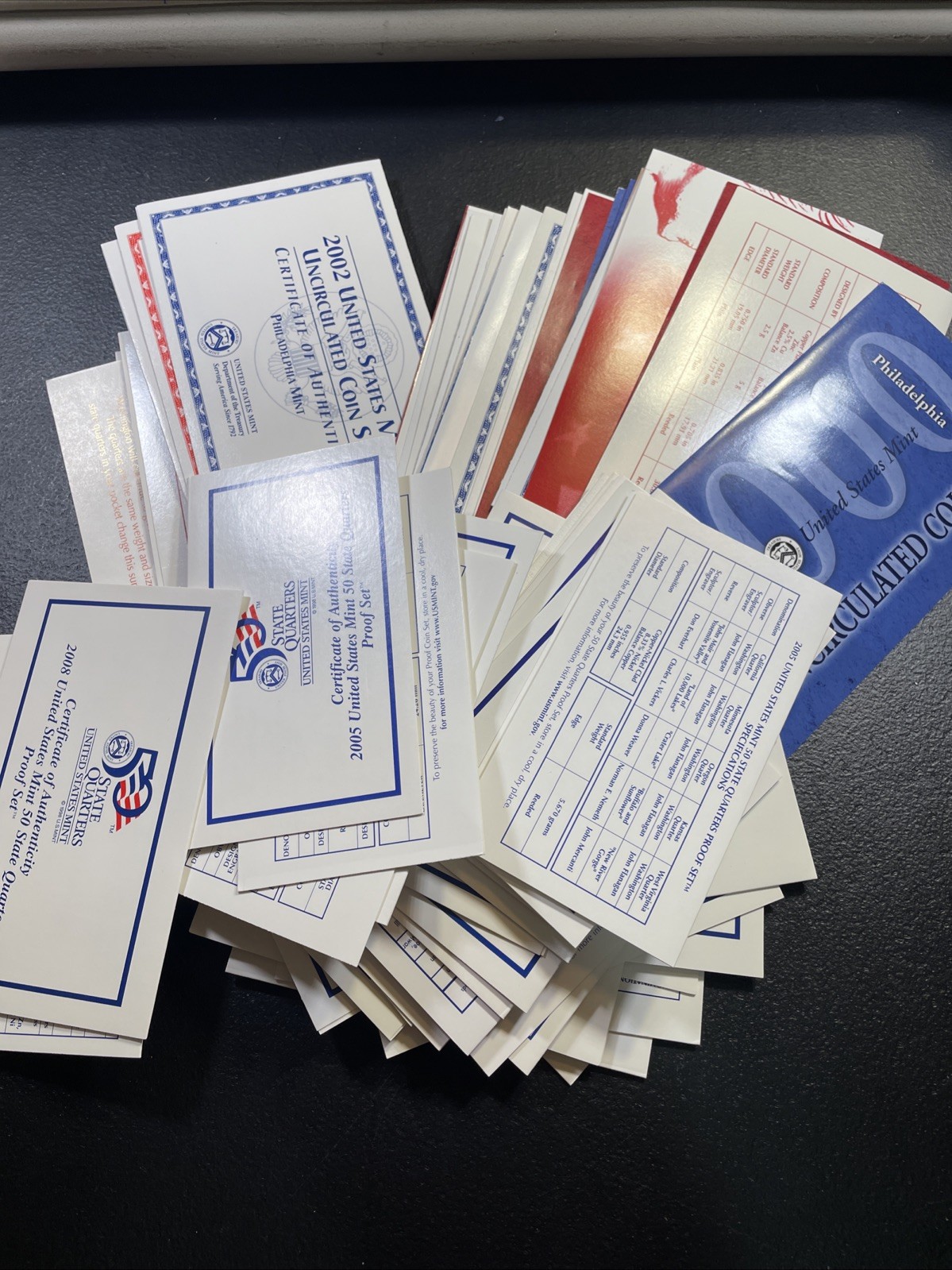 Lot Of 75 Mixed Inserts And COA Cards/flyers Documents From U.S Proof/Mint Sets.