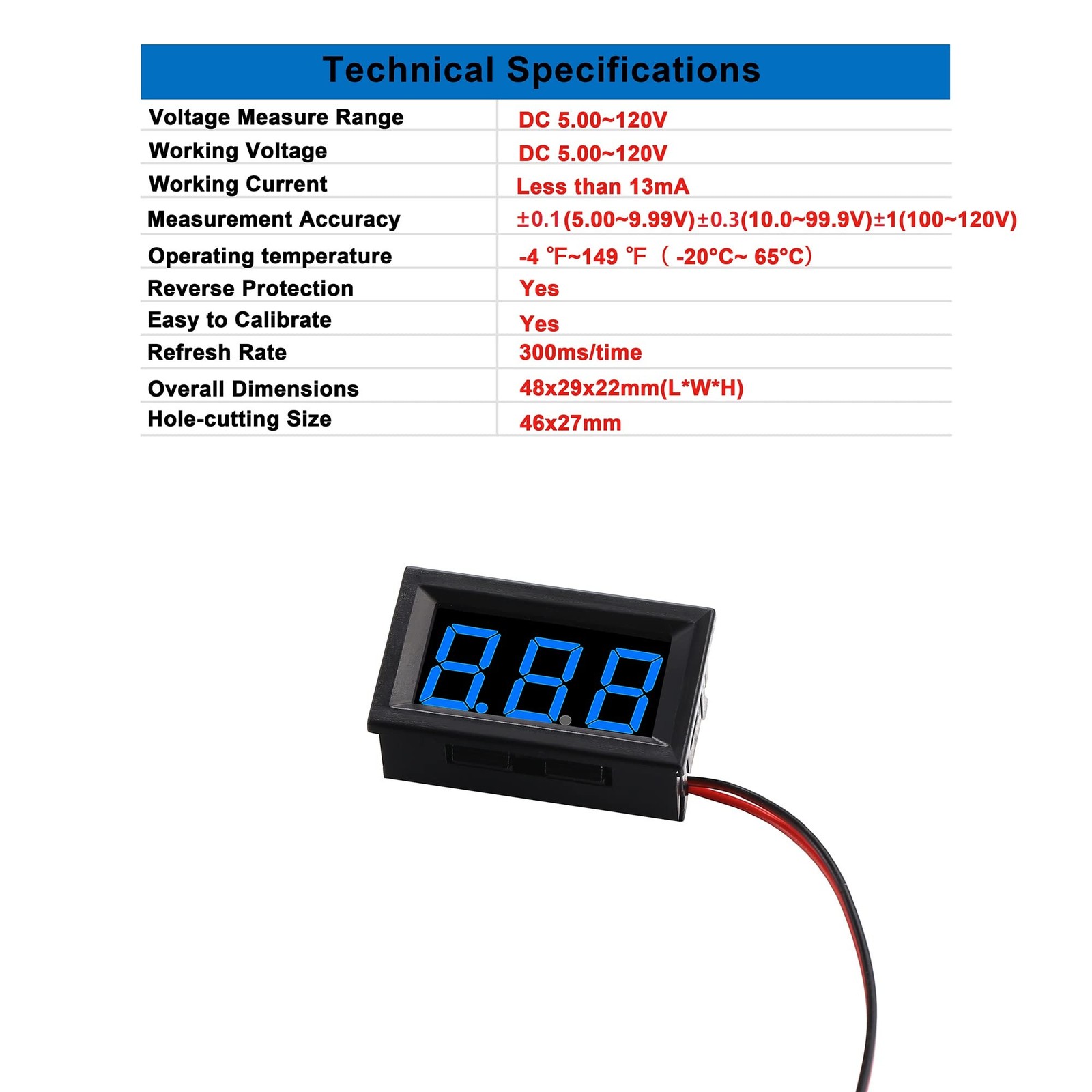 5 PCS DC 5120V Mini Voltmeter Blue LED Digital Display Panel 2Wire 0.56 Inch