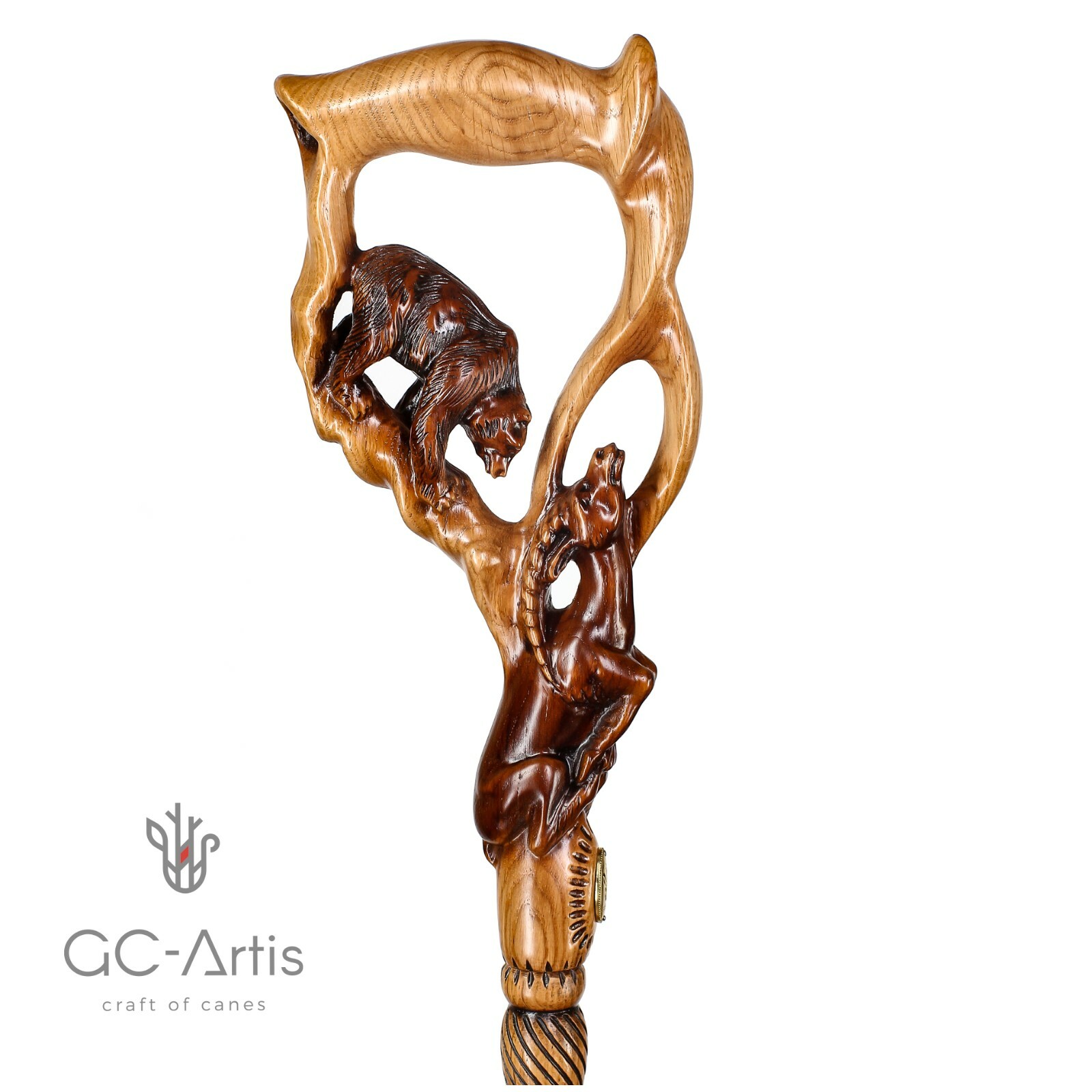 Luxury Walking Stick Cane Staff Wooden Hand Carved Crafted Bear & Gazelle mens