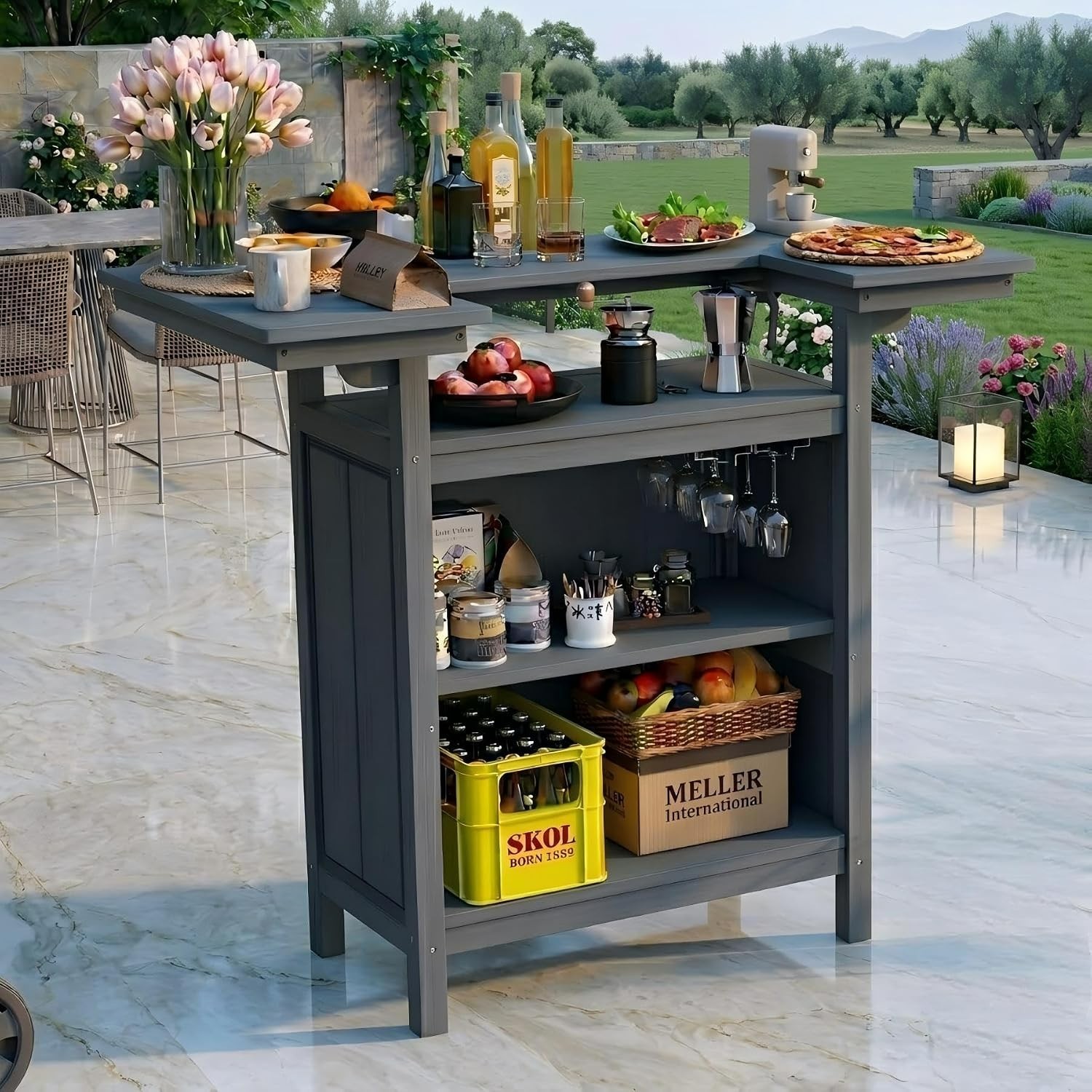 Domi Outdoor HDPE Bar Table w/4-Tier Storage Shelves for Backyard,Patio,BBQ,Grey