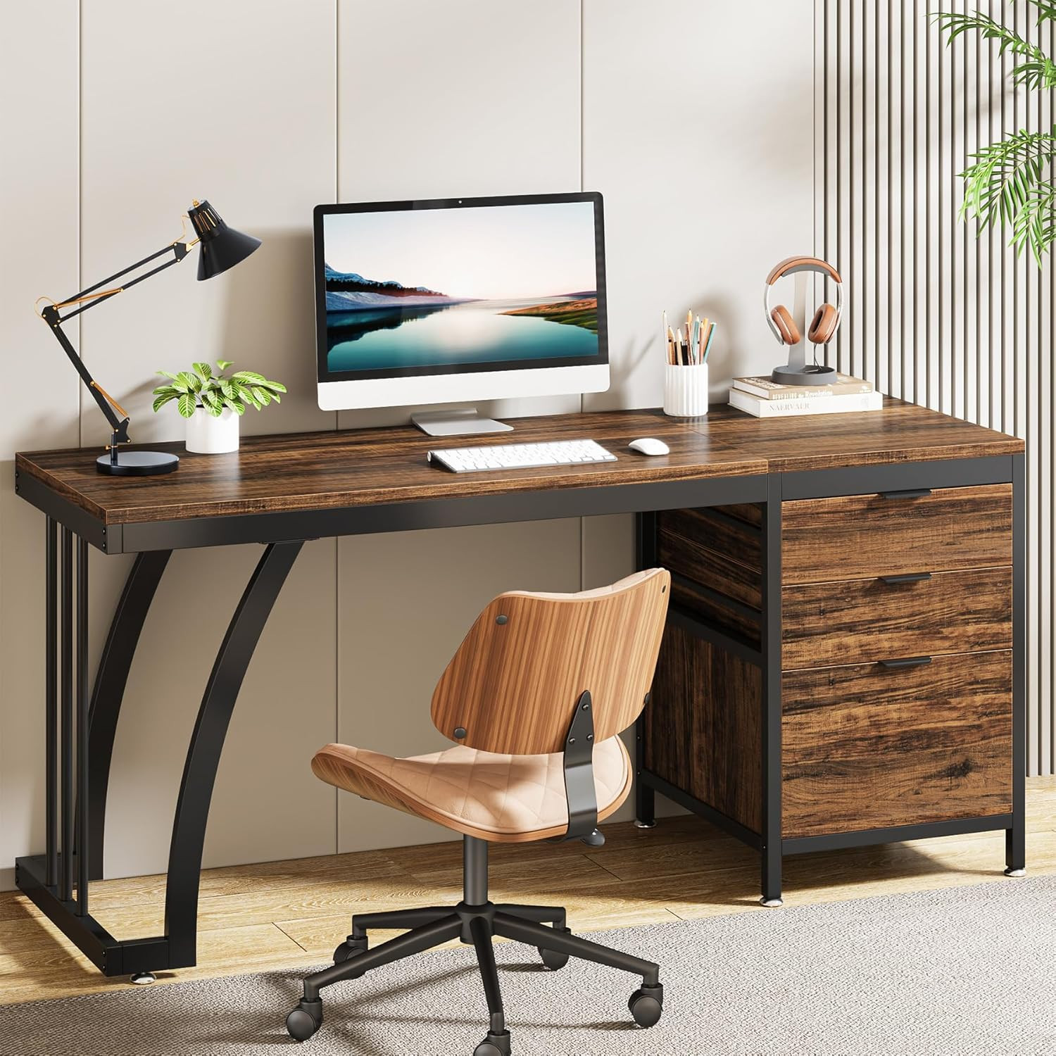 Tribesigns Computer Desk with 3 Drawers, 59-Inch PC Desk with Reversible Drawers