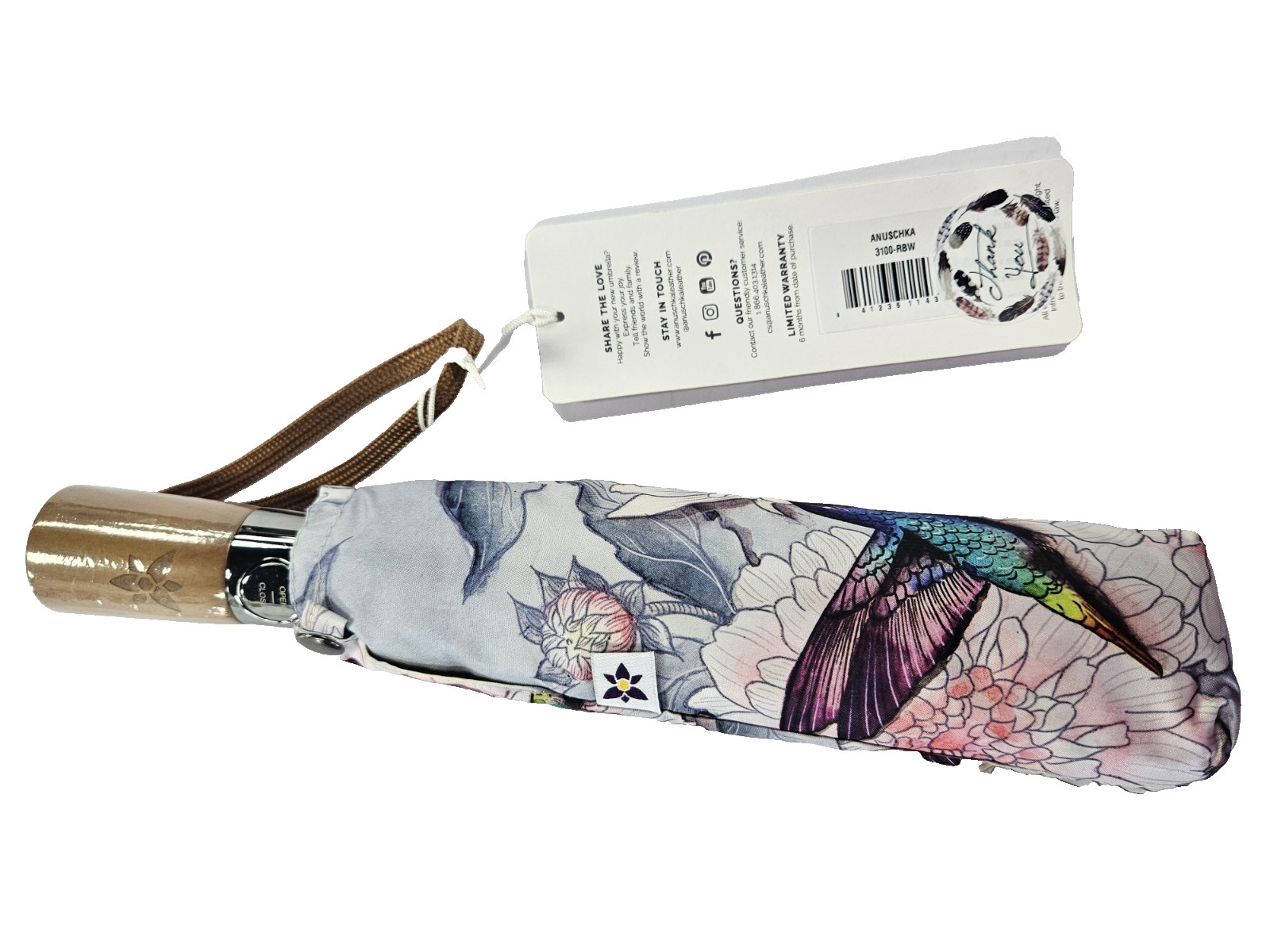 Anuschka Rainbow Birds Auto Open Close Umbrella UV 50+ Floral Bird NWT