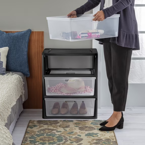 (2 pack) Sterilite Wide 3 Drawer Tower, Plastic Storage Organizer Black