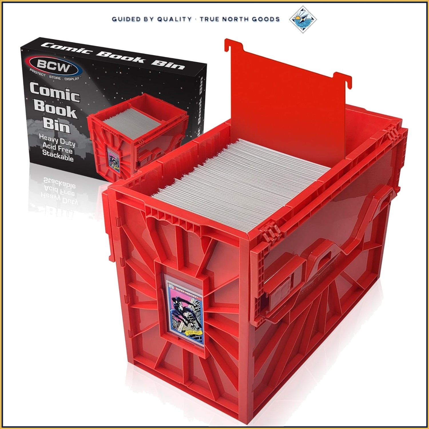 Red Plastic Comic Book Bin, Stackable Design, Compact Organizer for 150 Comics
