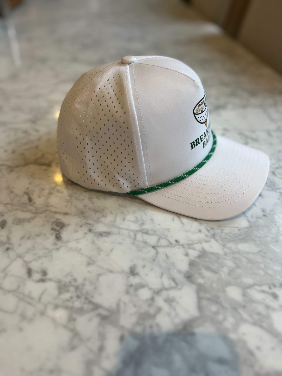 Breakfast Ball Golf Hat White Snapback w/ Tee Holder & Green Rope. Adjustable.