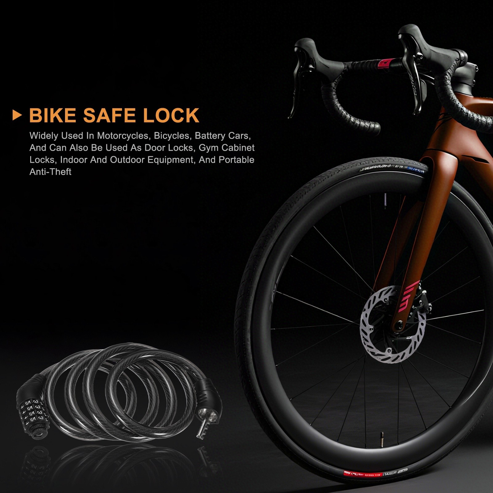 150cm Bike Lock Cable, Security Bike Wire with 4 Digit Code Combination, Black