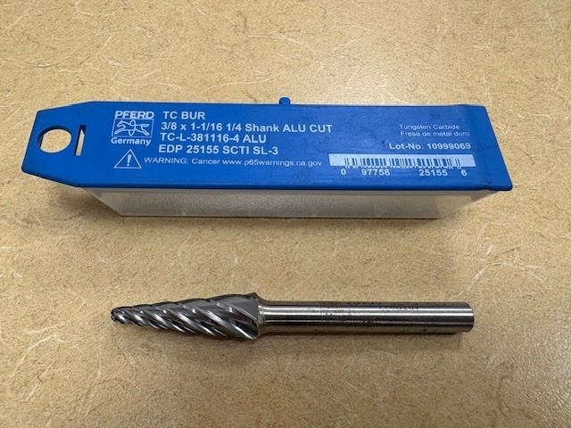PFERD Carbide Bur 25155, SL-3, 3/8" x 1  1/16" w/ 1/4" Shank ALU CUT