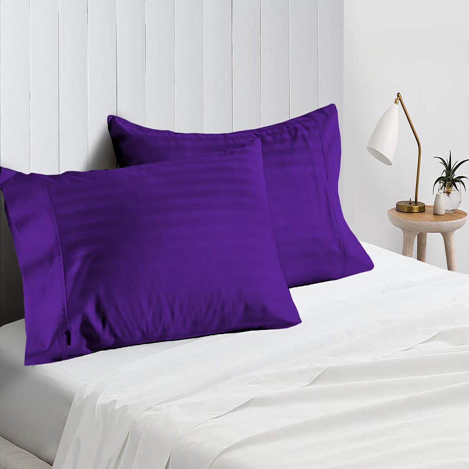 4 PCs Pillow Case Set 600 TC Egyptian Cotton Purple Stripes Queen Size