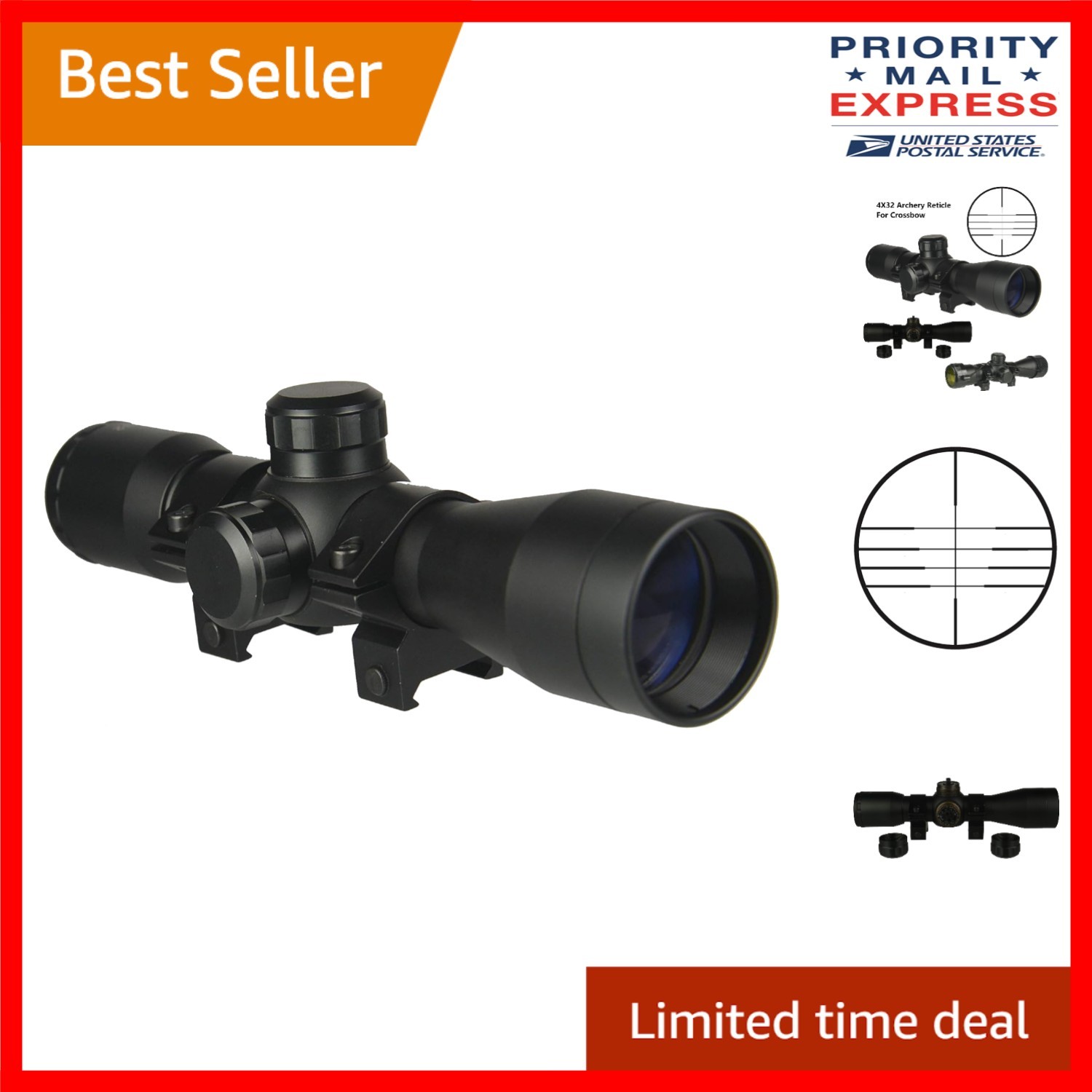 4X32 Compact Hunting Crossbow Archery Scope, Multiple Range Reticle, 1" Tube and
