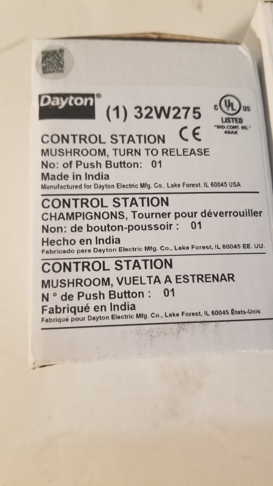 Dayton 32W275 Push Button Cntrol Station,1Nc,Stop,22Mm