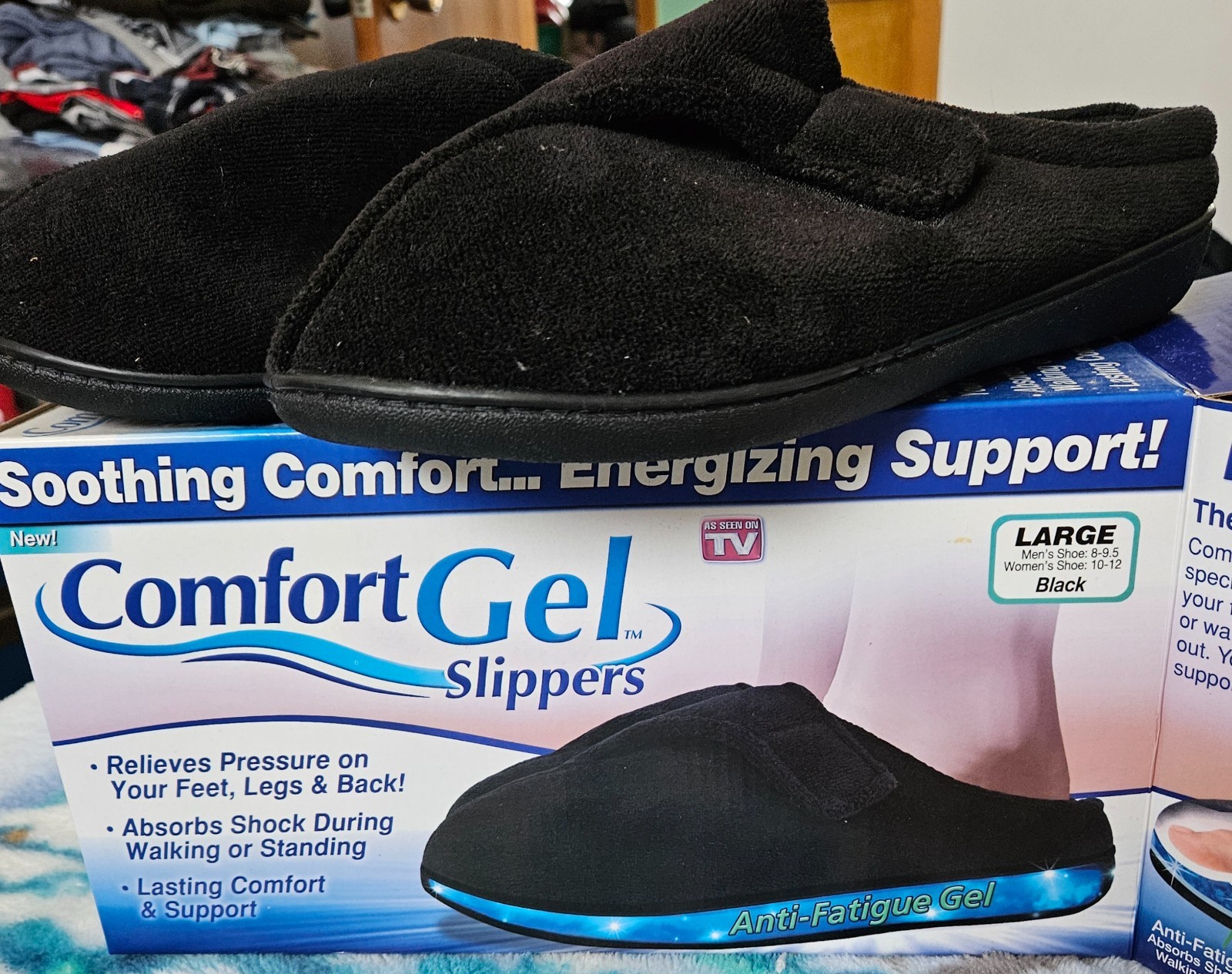 Mens Womens BLACK COMFORT GEL SLIPPERS Size Large (See  Size on box)