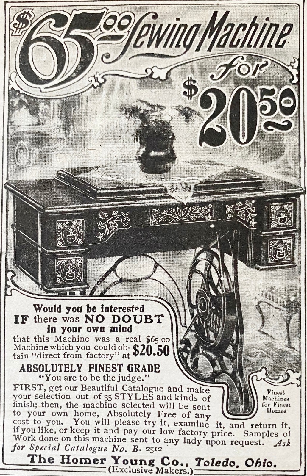 THE HOMER YOUNG CO. Victorian Sewing Machine Cabinet Vtg 1902 Print Ad~Toledo,OH
