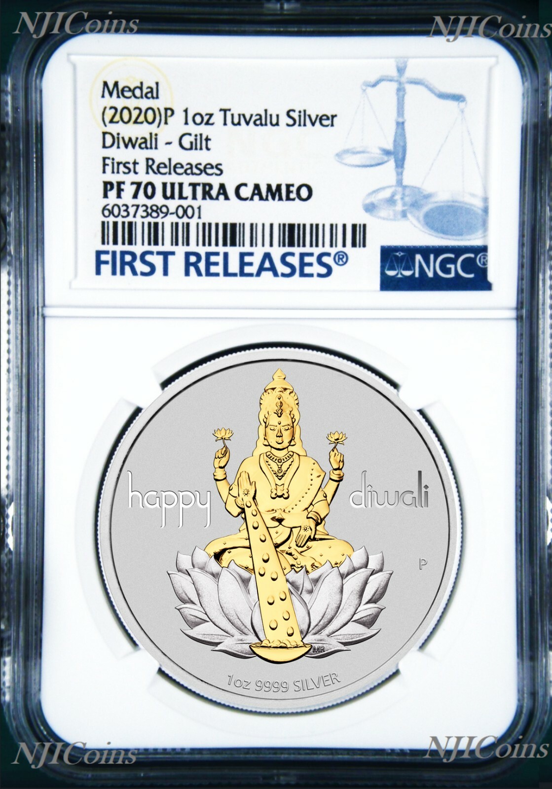 2020 TUVALU Diwali Festival Hindu New Year Gift 1oz Silver Gilt NGC PF70 Medal