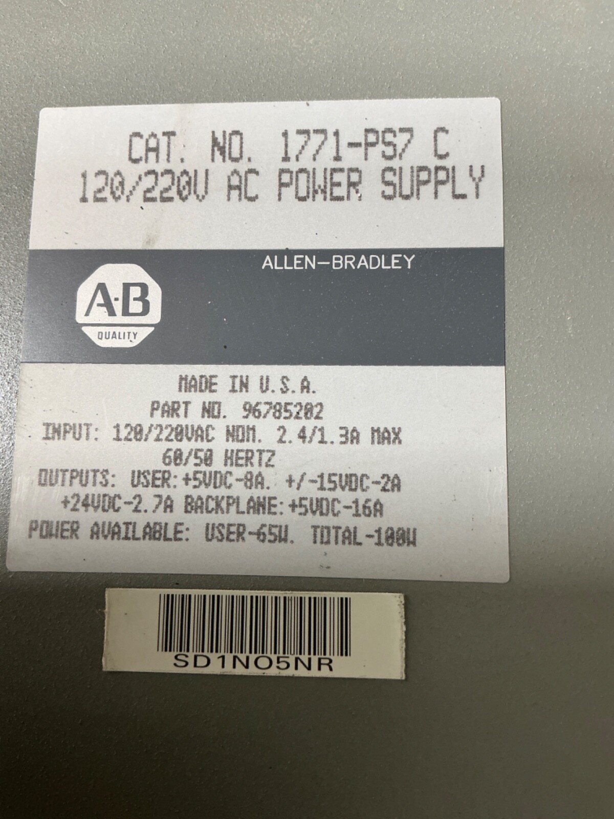 ALLEN-BRADLEY 1771-PS7 SERIES C POWER SUPPLY MODULE