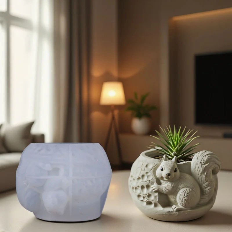 Gypsum Squirrel Relief Pot Silicone Mold Candles Jar Vessel Flowerpots DIY Mould