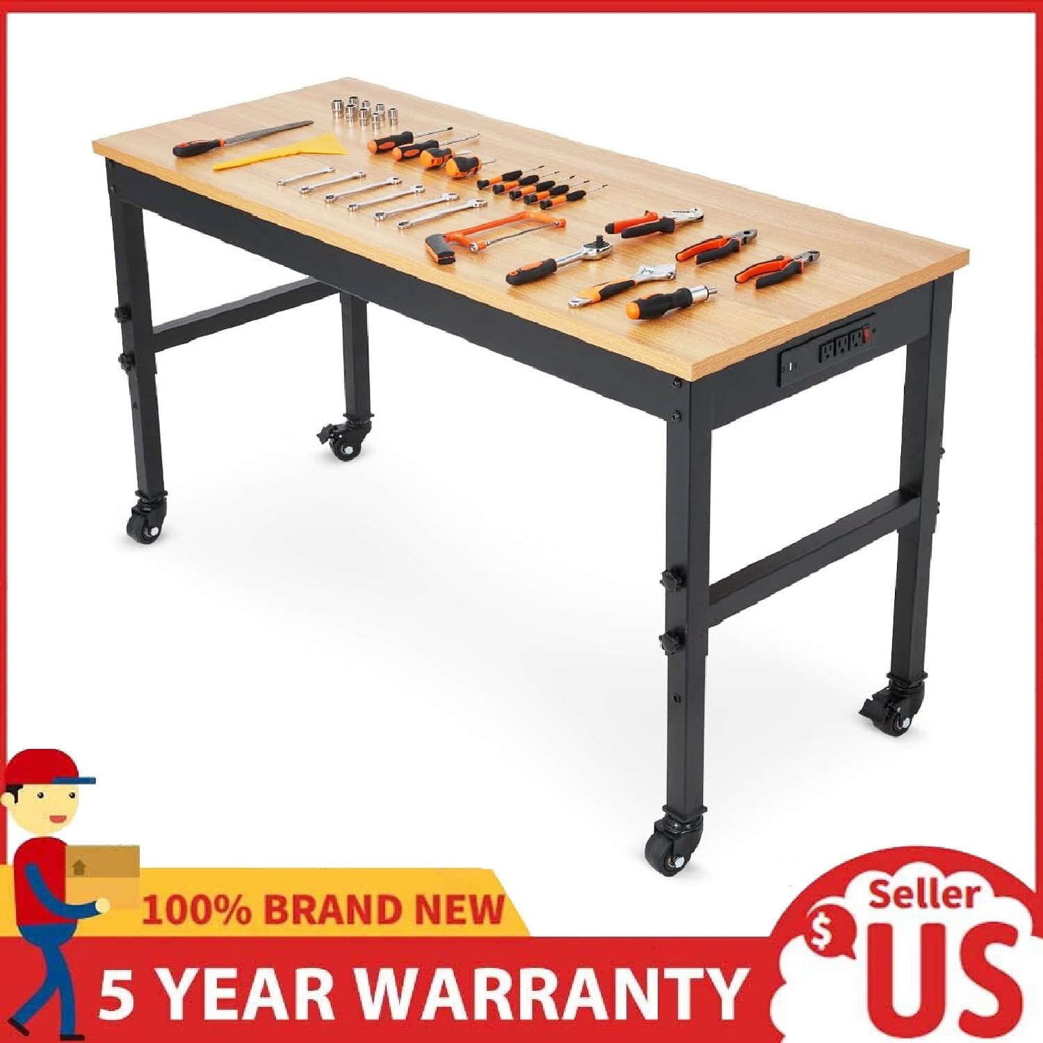 60" Workbench Adjustable Height Work Table with Wheels ,2500 LBS Rubber Wood Top