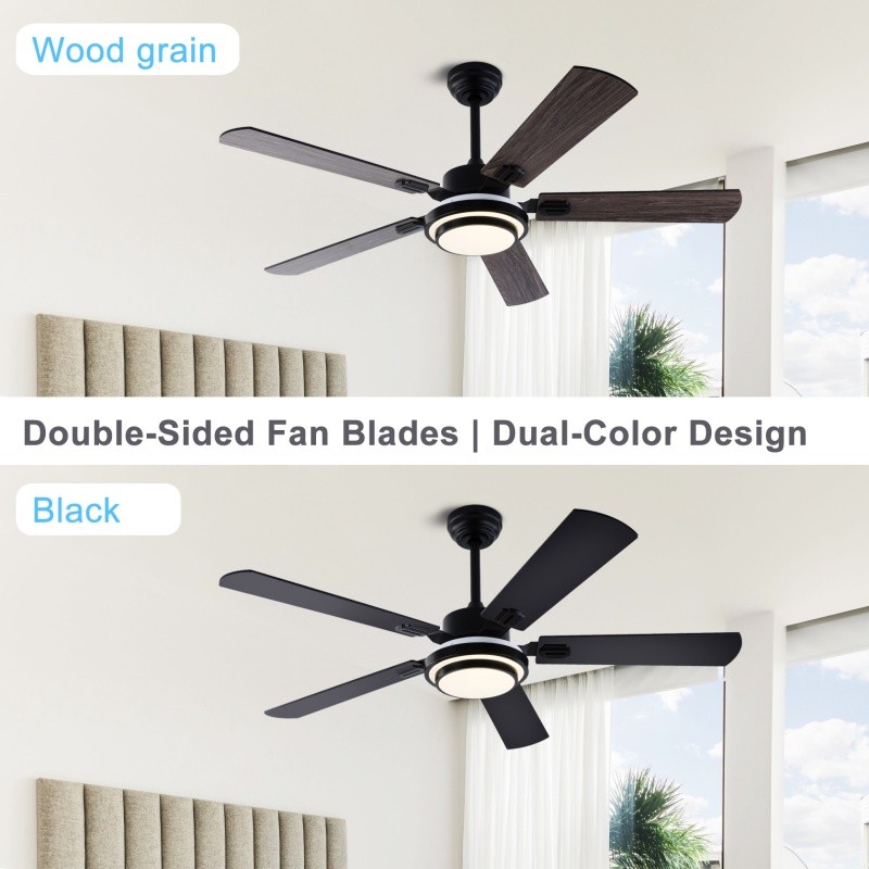 52" Modern Wood Ceiling Fan with Light 5 Double Sided Blade Reversible Remote