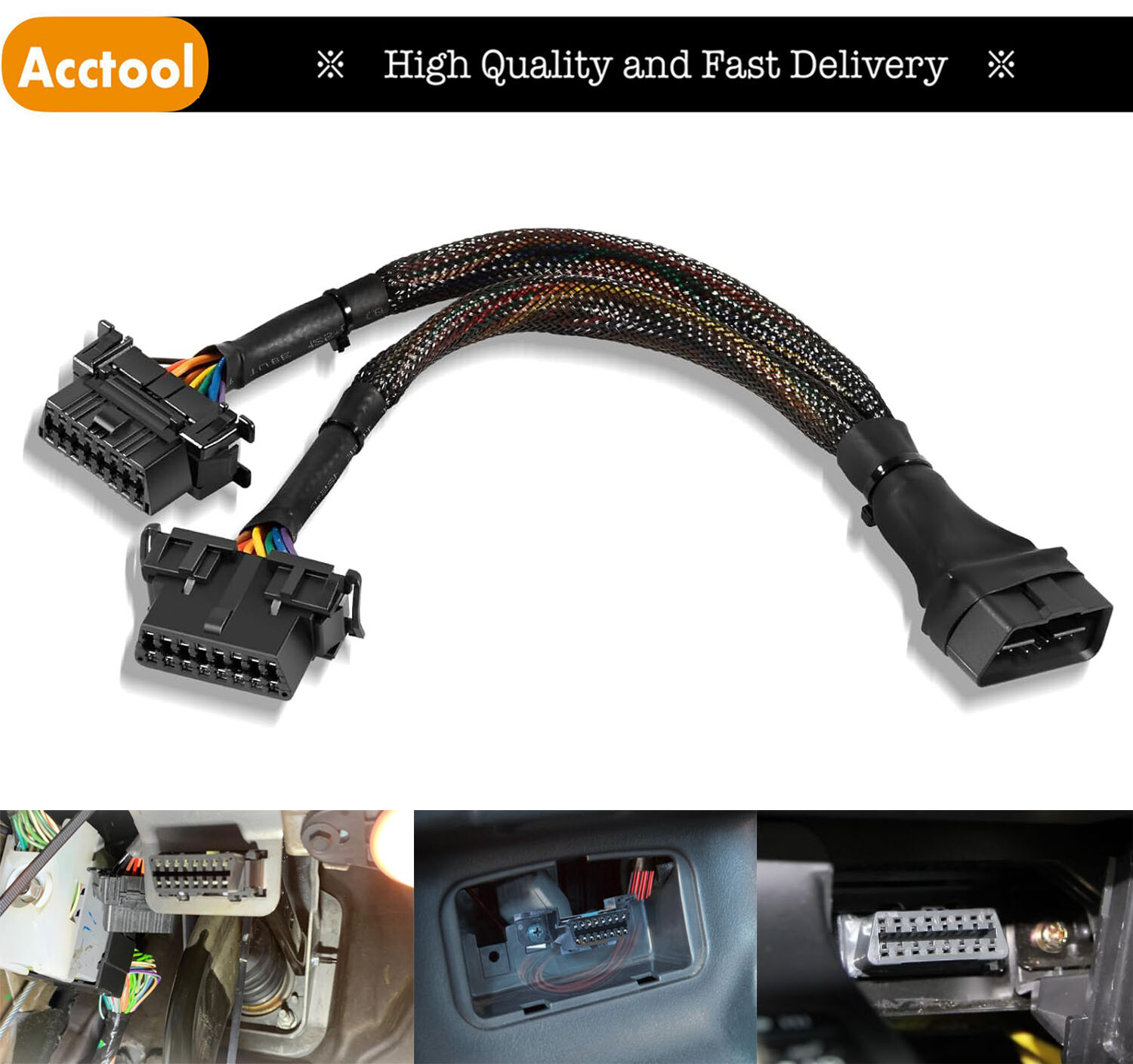 B6 OBD2 16 Pin 1ft Extension Y-type Cable Adapter For All Standard OBD2 Devices