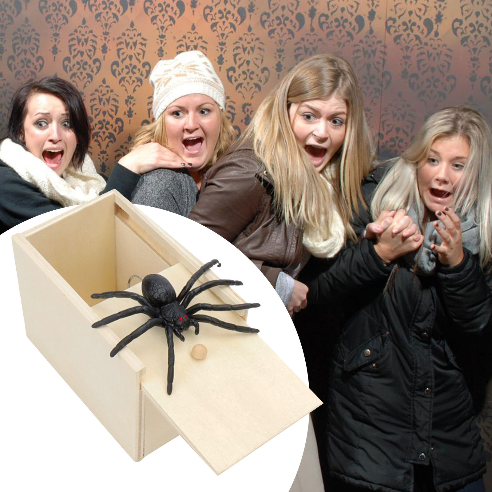 2PCS Wood Prank Spiders Scare Box Hidden in Case Trick Play Joke Scarebox Funny