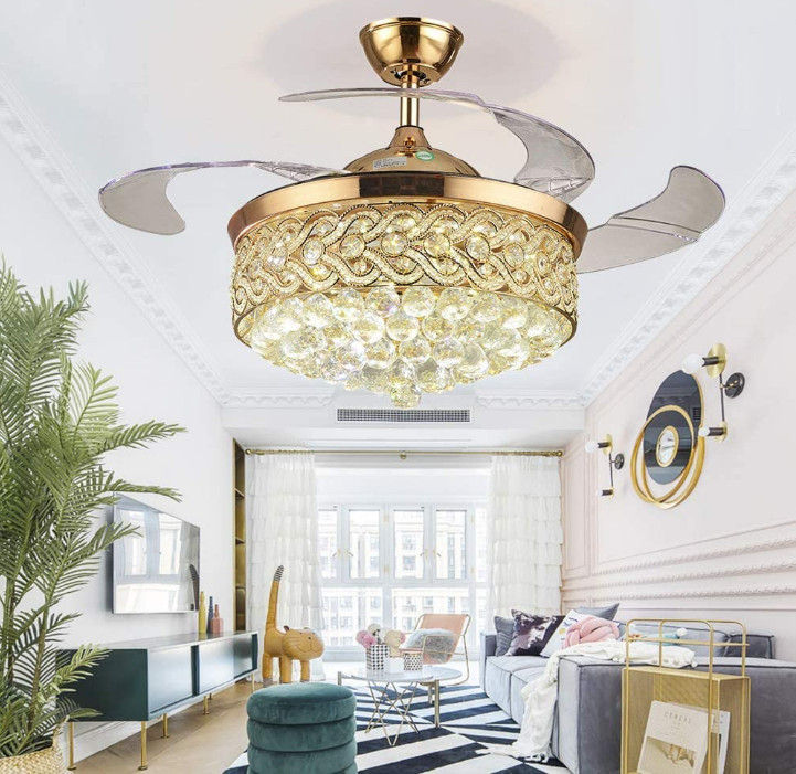 42" Luxury Crystal LED Chandeliers Remote Control Retractable Ceiling Fan Light