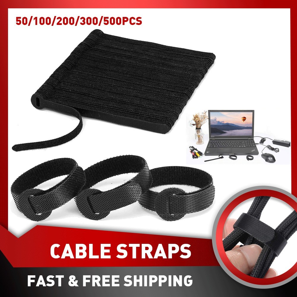 50Pcs Reusable Cable Straps Black Wire Cord Loop Hook Ties Fastening Organizer