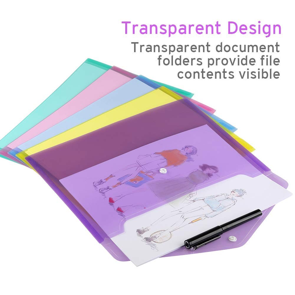 12 Pack Plastic Envelopes Snap Closure Clear File Folder Letter A4 Size Poly