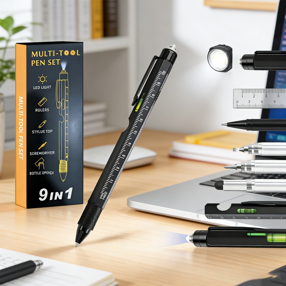 9 in 1 Multifunction Ballpoint Pen with Modern Handheld Measure Technical Tool