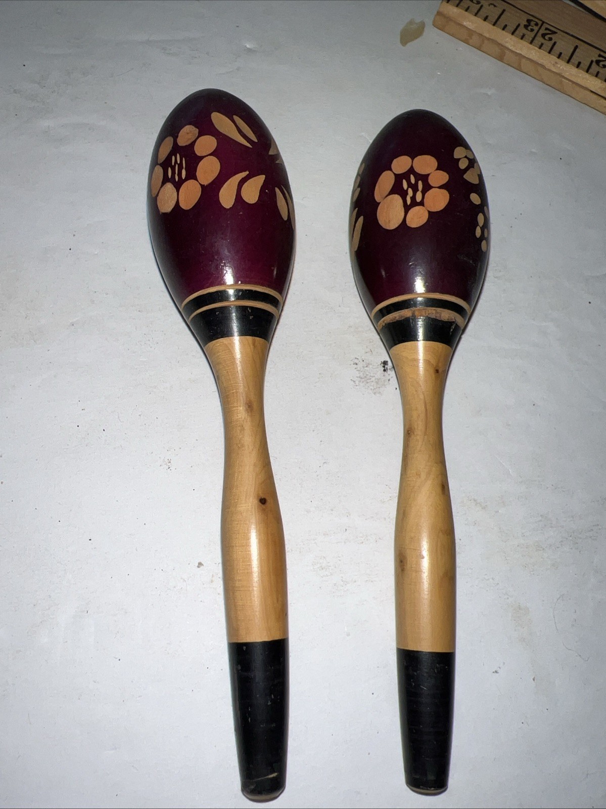 Vintage Mexican Hand Painted Wooden Fiesta Maracas Authentic Black Red W Flowers