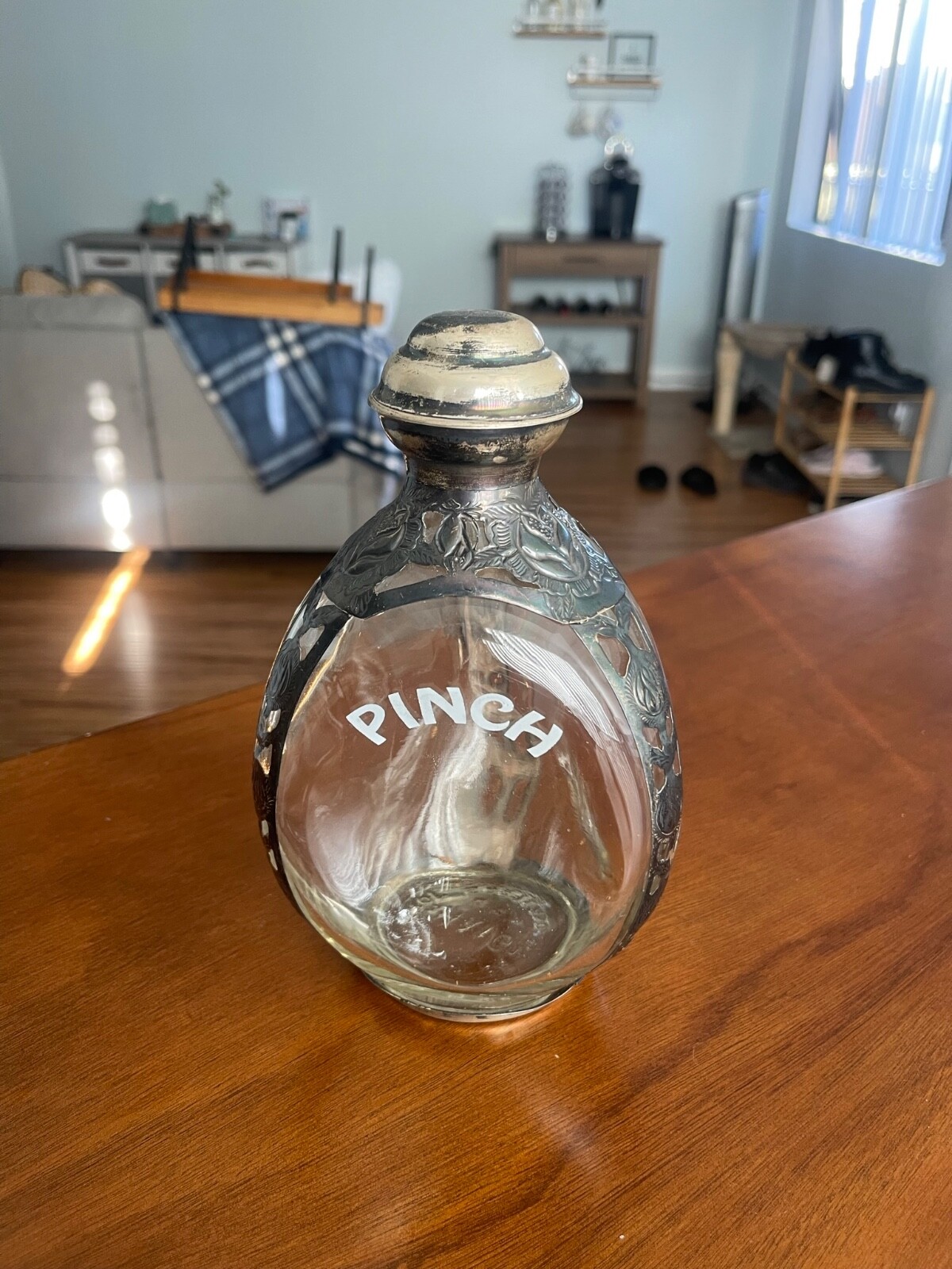 Haig’s Pinch Style Whiskey Bottle Decanter .925 Sterling Silver Floral Overlay