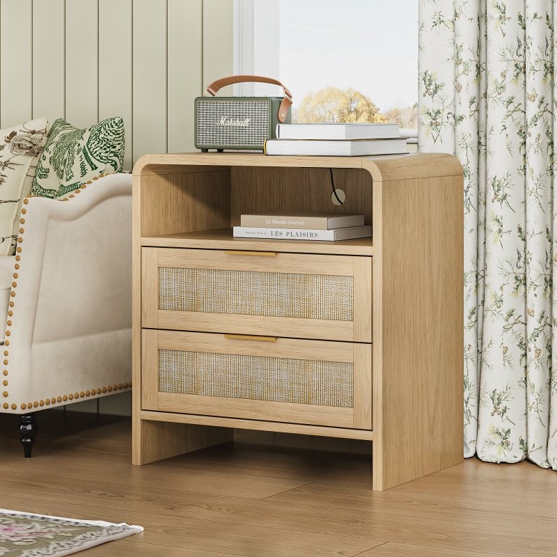 2PCS Nightstand Bedside End Table With 2 Drawers, Storage Shelf, Charging Socket