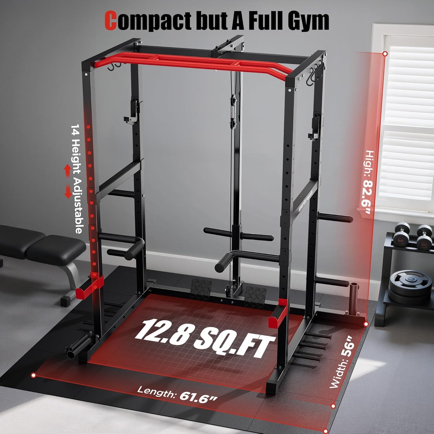 Power Rack, Multi-Functional Power Cage, Squat Rack with Pulley System
