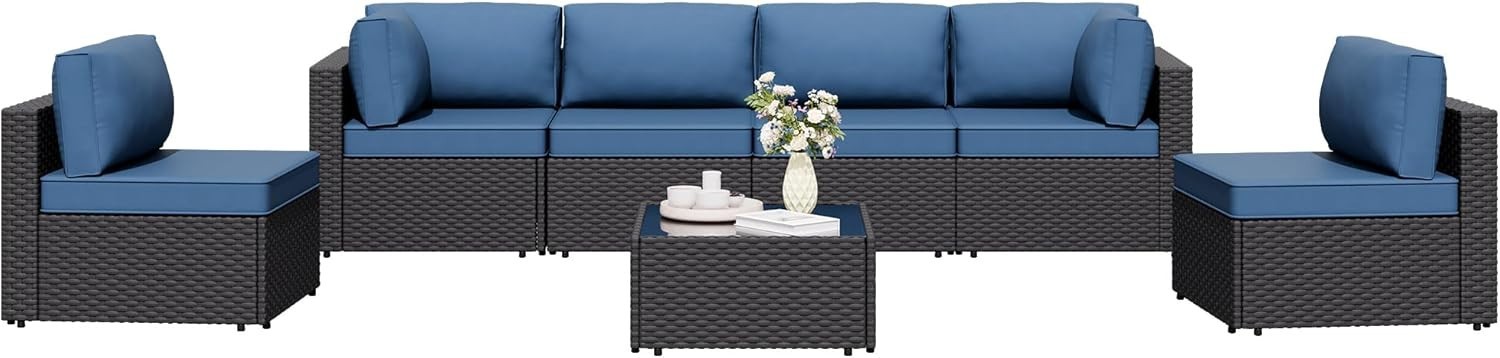7 Pieces Outdoor Patio Sectional Sofa Couch, Wicker Furniture Patio Conversation