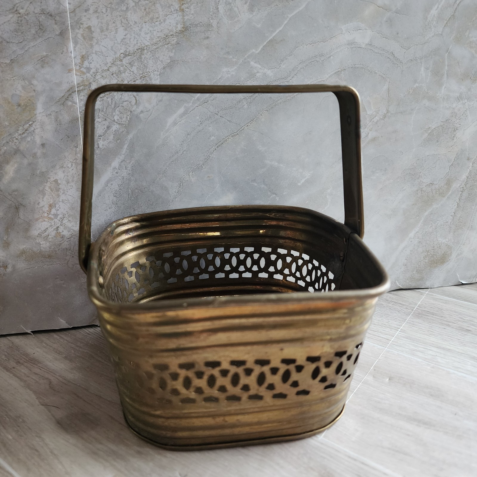 5" X 5" X 3"  Pierced Solid Brass Basket Adjustable Hinged Handle Made In India