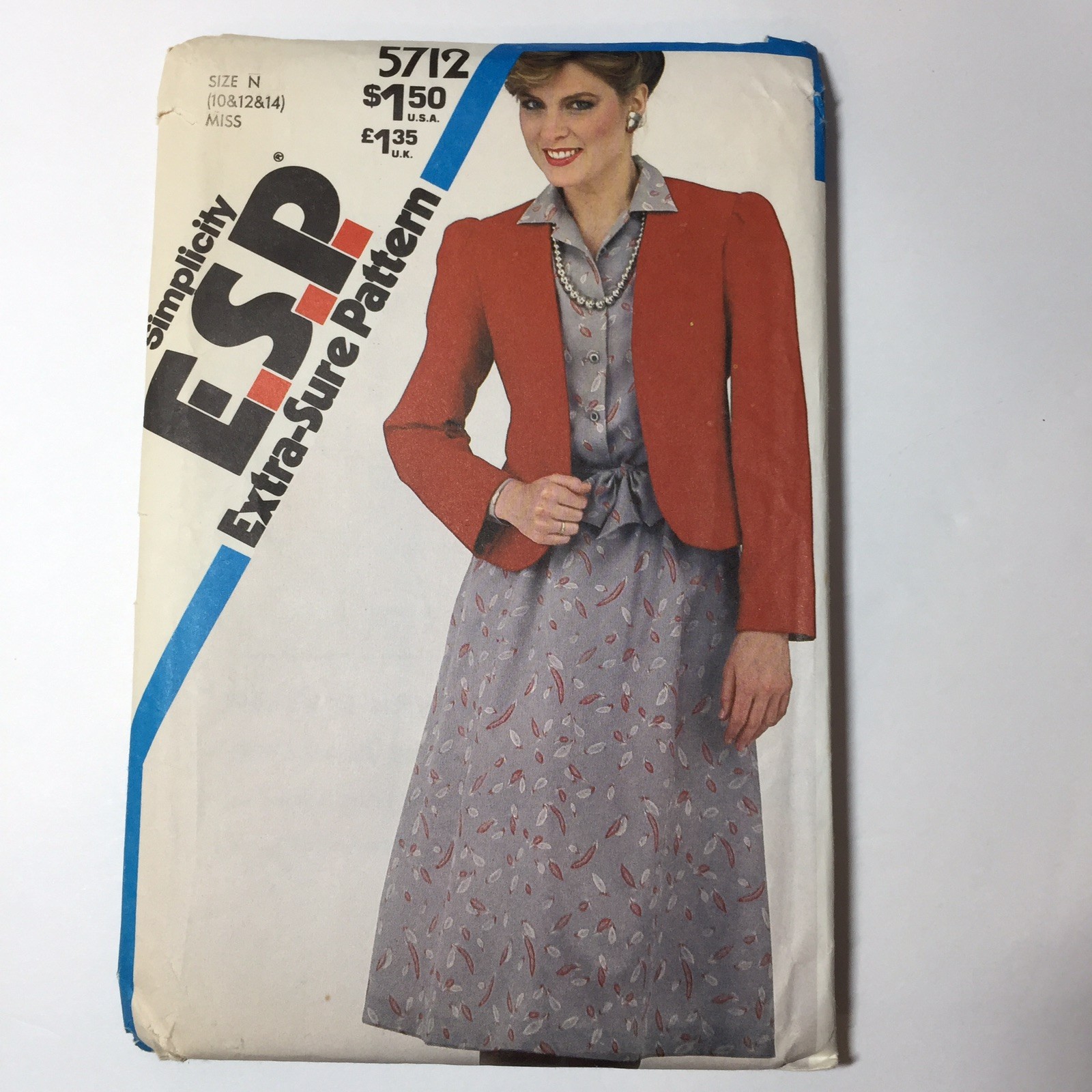 Simplicity 5712 Size 10 12 14 Misses' Pullover Dress Unlined Jacket Sash