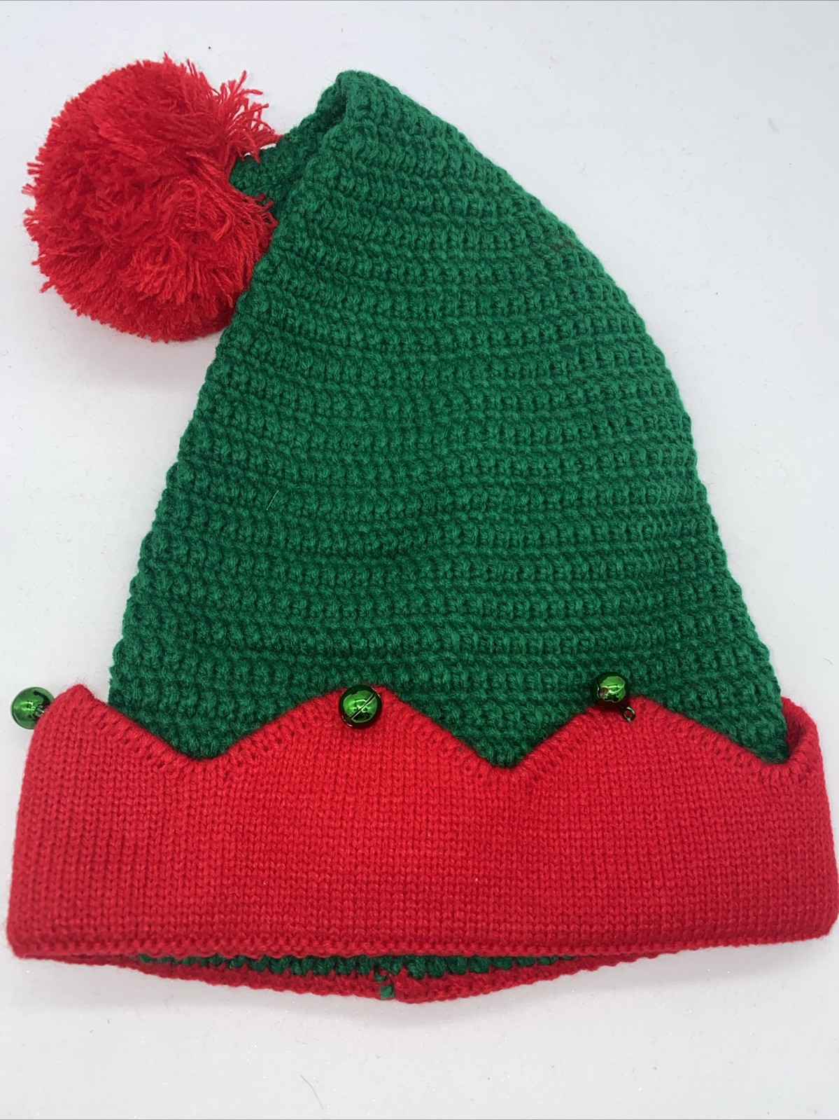 Crocheted Christmas Red Green Elf/Santa Hat Adult Bells Yarn Knit Beanie- New!