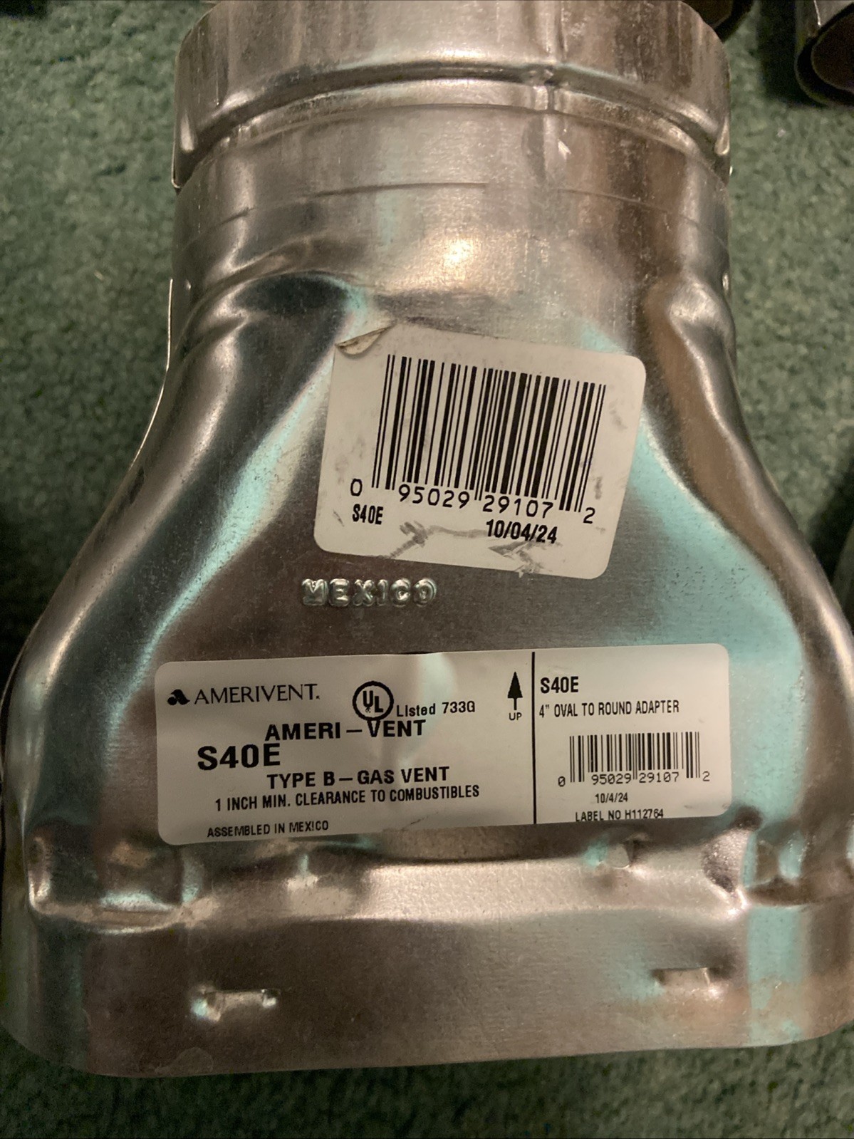 Gas Vent S40E Type B 4" Oval To Round Adapter By AMERI-VENT New