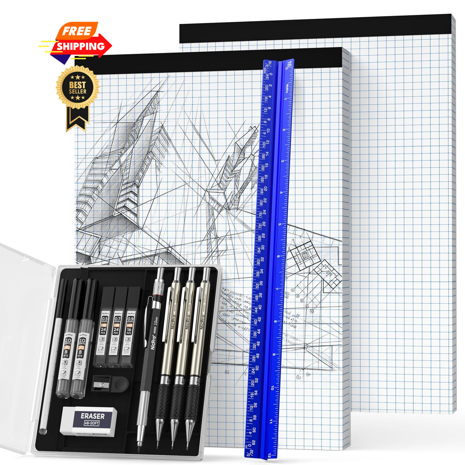 Nicpro 16PCS Drafting Tool Geometry Set with 12'' Architectural Scale Ruler