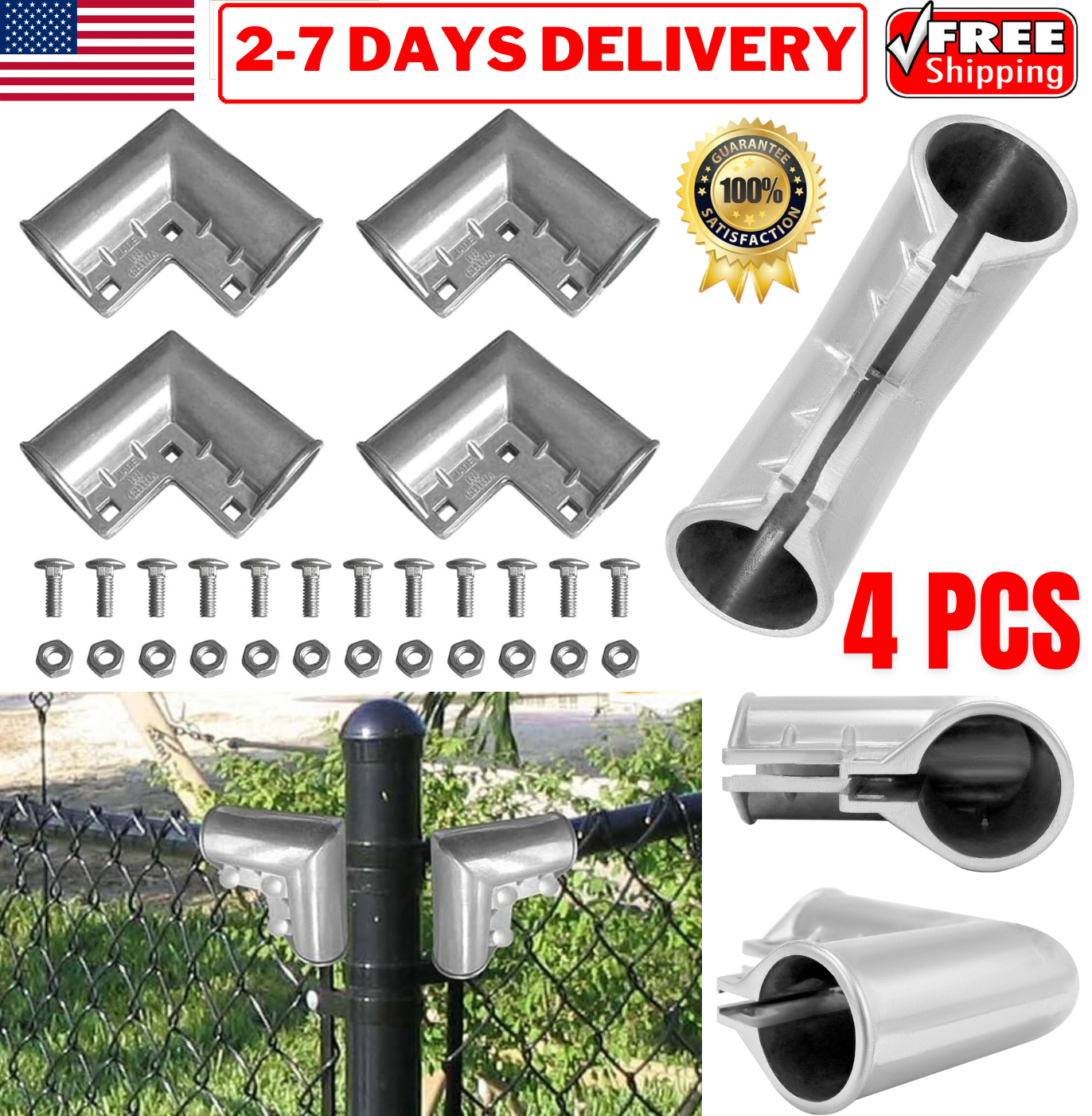 4pcs Aluminum Gate Corners Chain Link Fence Gate Elbows for 1-3/8" Diameter Pipe