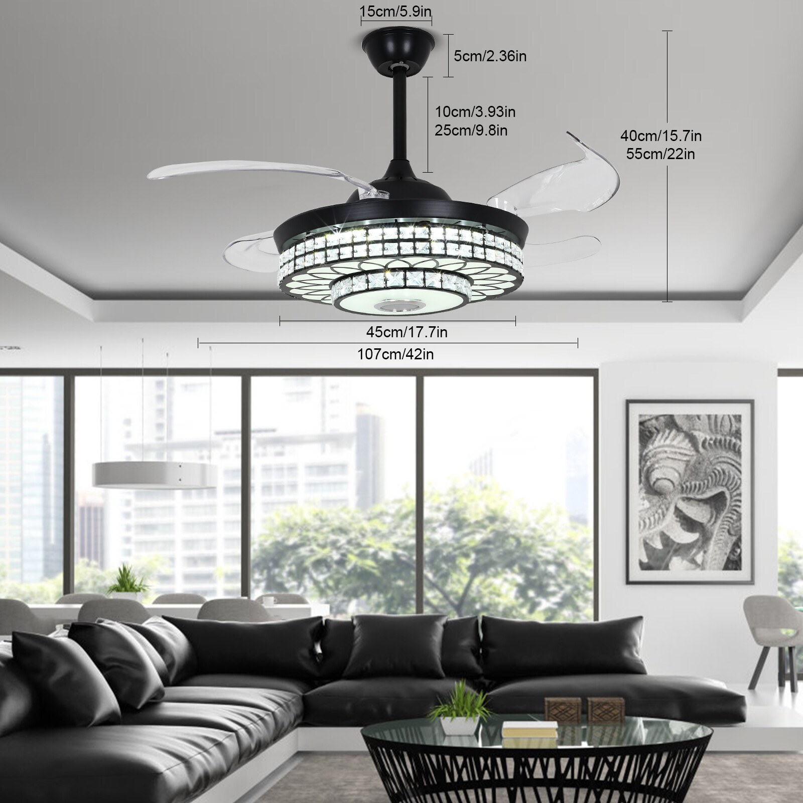 42" Crystal Ceiling Fan Light Bluetooth Speaker 7Color Change Ceiling Chandelier
