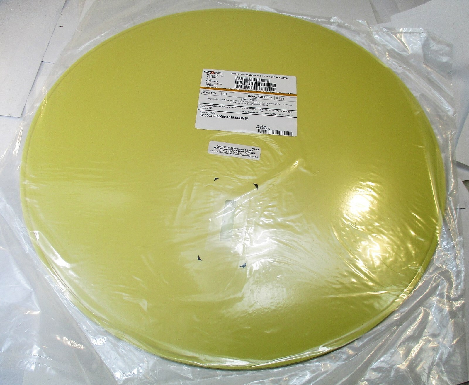 Rohm Ihaas IC1000, PIPW, 080, 1010, SUBA IV Pad 20"/200mm Specific Gravity 0.803