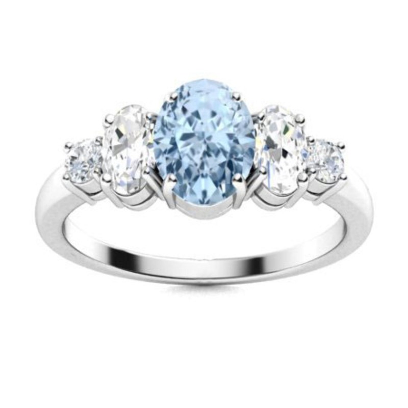Oval Aquamarine Gemstone Prong New Solitaire with Accents Ring 925 Silver