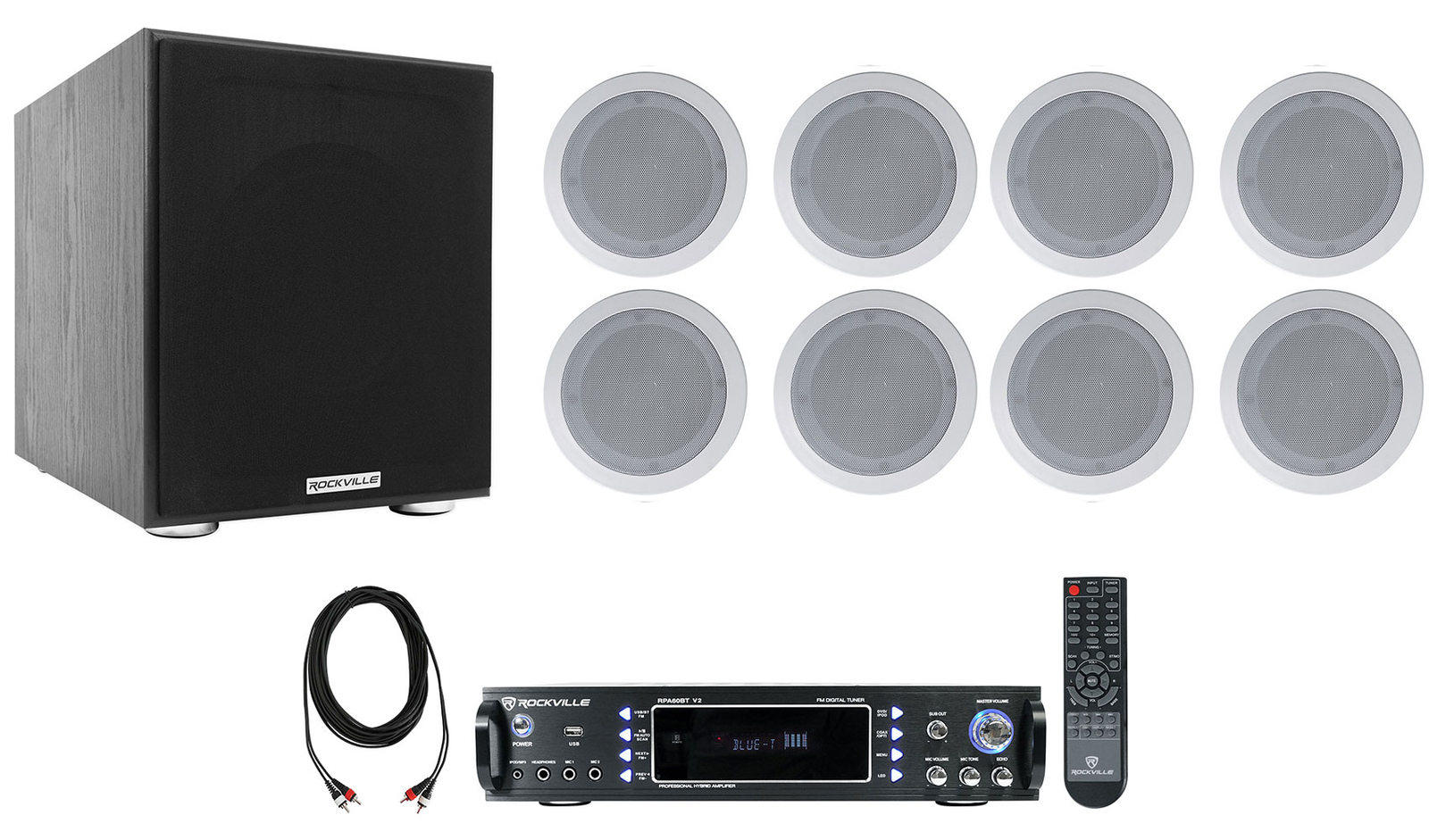 Rockville RPA60BT Home Theater Receiver Amp+(8) 5.25" White Ceiling Speakers+Sub