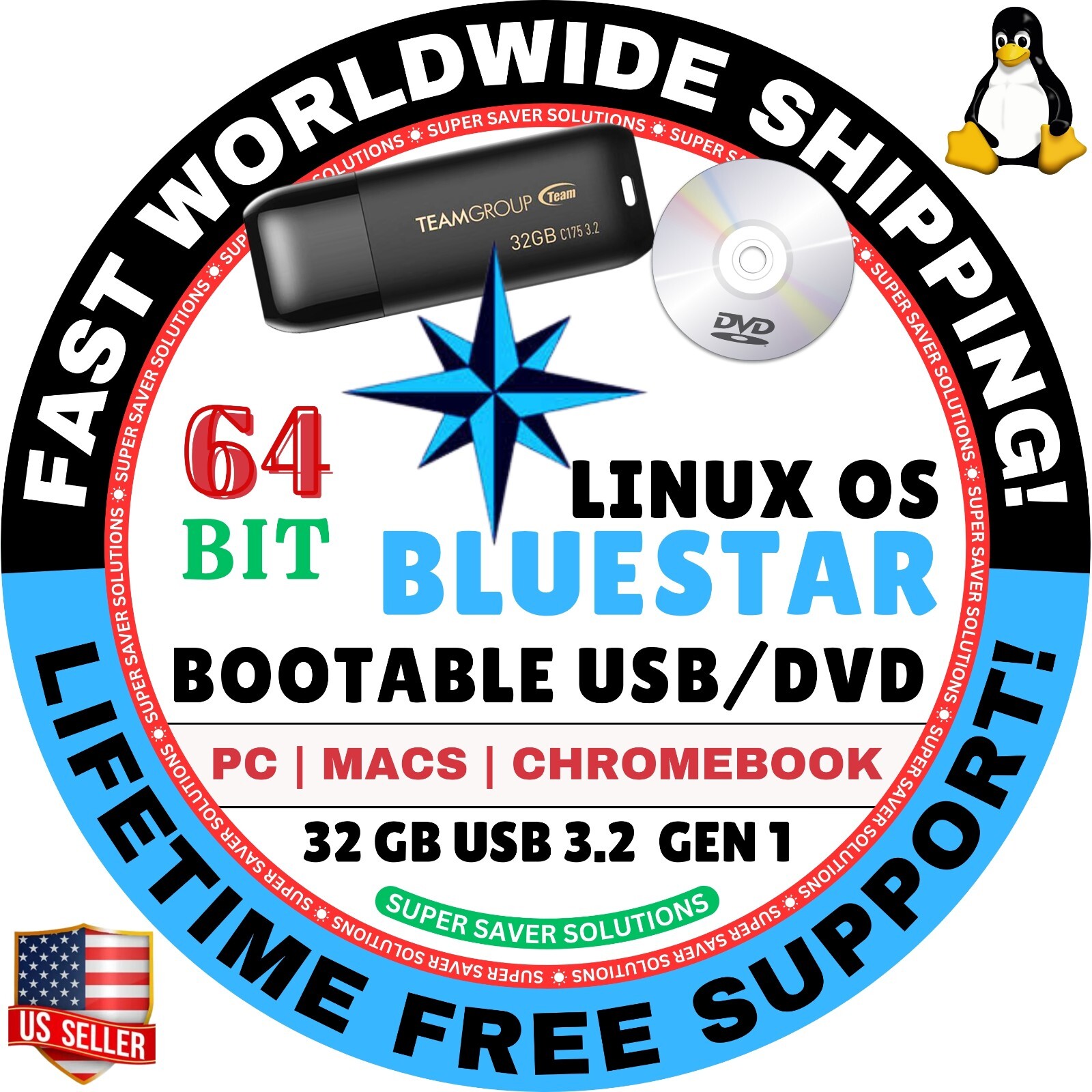BLUESTAR LINUX OS ALL VERSIONS 64-Bit Live Boot USB, Full Install for MAC, PC