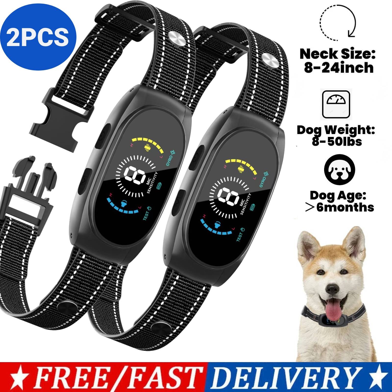 2Pcs Anti Bark Dog Shock Training Collar No Shock for Small Medium Dogs 8-50lbs