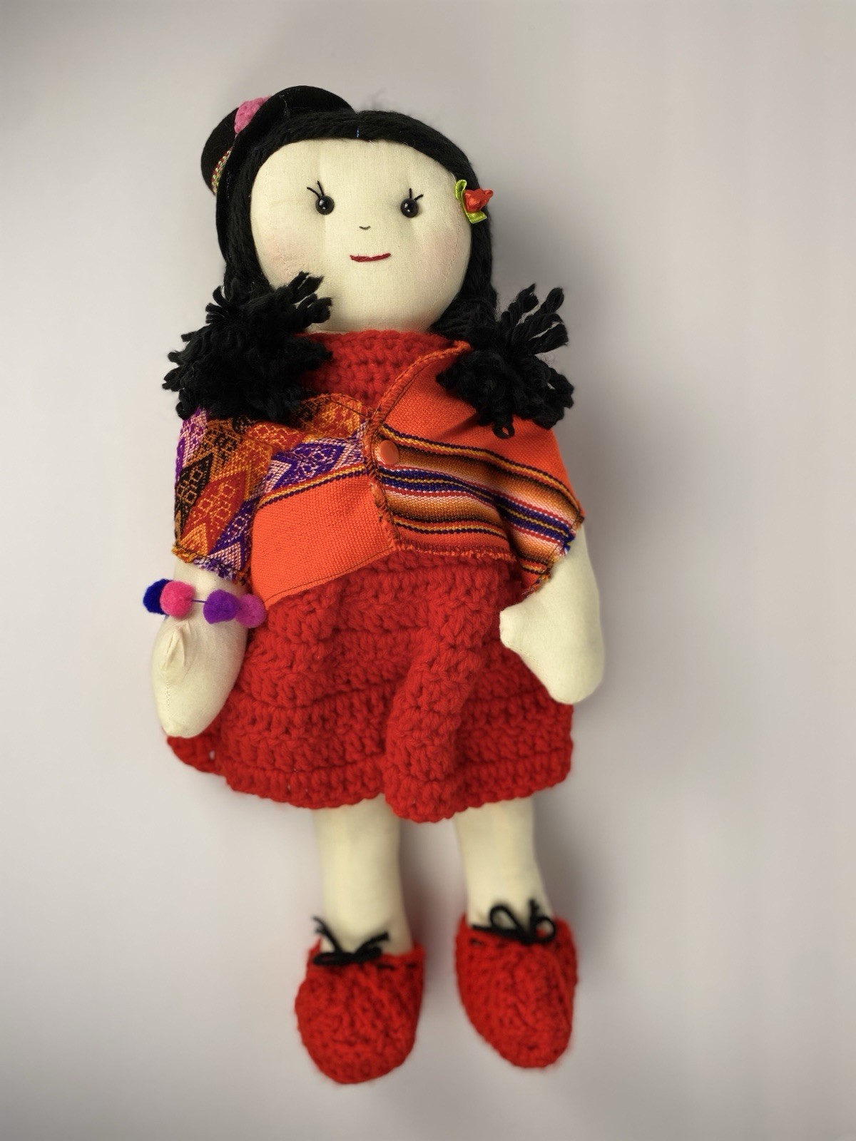 Peruvian Doll Handmade, With A Crochet Dress And Peruvian Pashmina And Hat