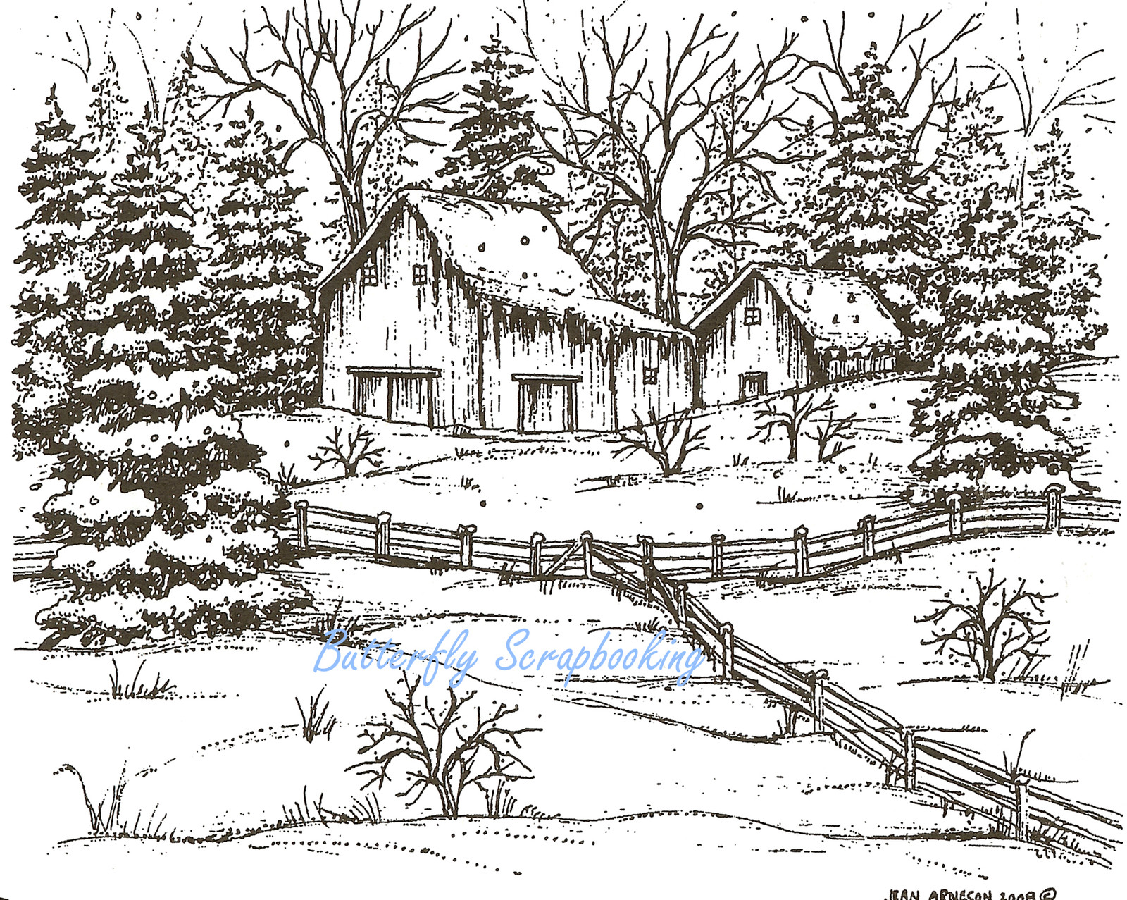 Winter Barn Fence Spruce Trees Wood Mounted Rubber Stamp NORTHWOODS P6784 New